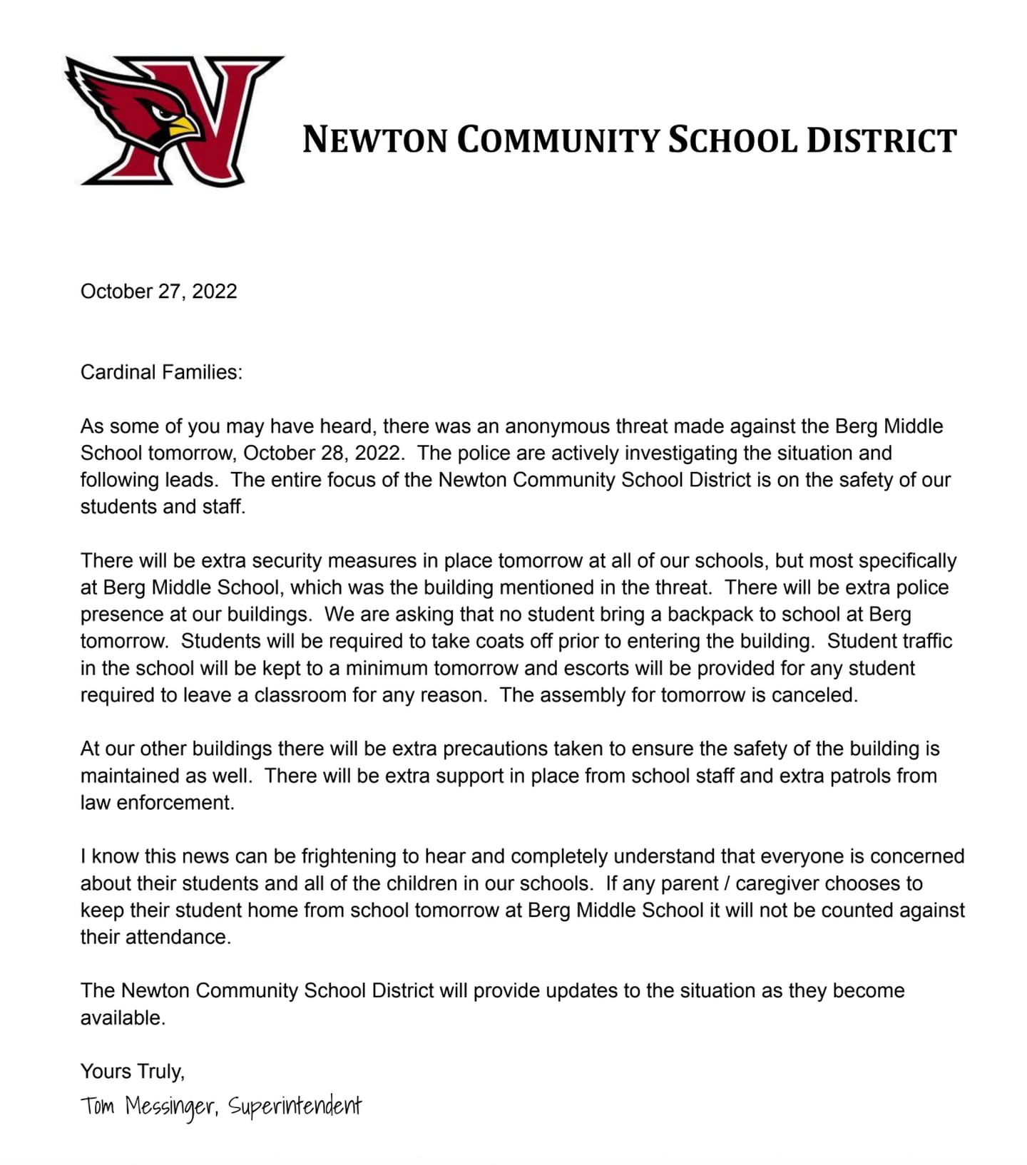 The letter sent by Newton Superintendent Tom Messinger informing families about the threat made against Berg Middle School.