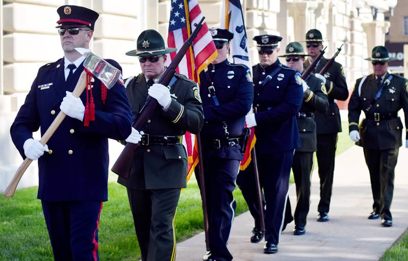 Local law enforcement host a ceremony for National Police Week on May 16 outside the Jasper County Courthouse. Officers, dispatchers and jailers participated in the ceremony, which honors the six local individuals who died on active duty or in the line of duty.