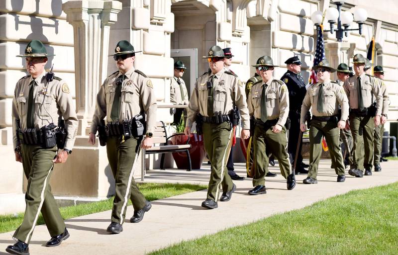 Local law enforcement host a ceremony for National Police Week on May 16 outside the Jasper County Courthouse. Officers, dispatchers and jailers participated in the ceremony, which honors the six local individuals who died on active duty or in the line of duty.