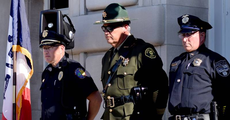 Local law enforcement host a ceremony for National Police Week on May 16 outside the Jasper County Courthouse. Officers, dispatchers and jailers participated in the ceremony, which honors the six local individuals who died on active duty or in the line of duty.