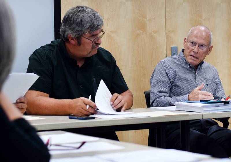 Fred Chabot, right, explains his idea of adding ground rules to the Jasper County Veterans Affairs Commission meetings, due in large part to the contentious comments from commissioners and attendees this past year.