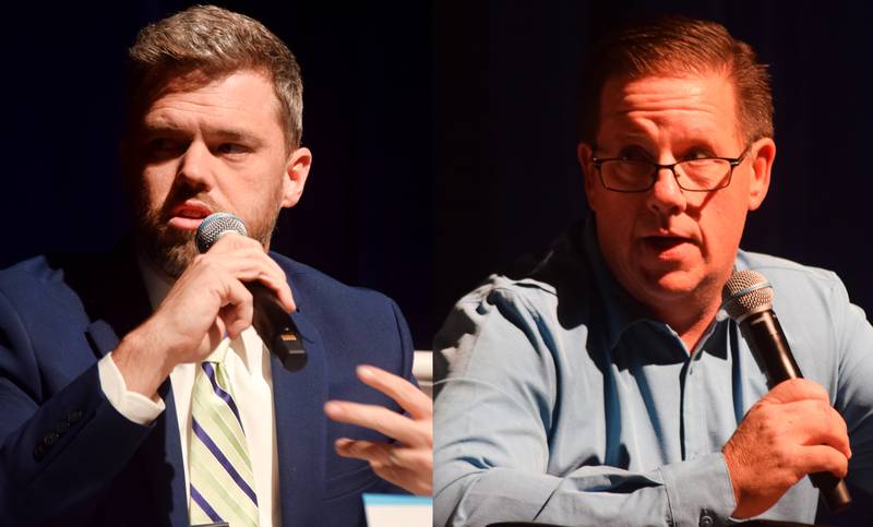 From left: Iowa House District 38 candidates Erick Zehr, a Democrat, and Michael Wood, a Libertarian, participate in a League of Women Voters forum on Oct. 20 in Newton High School.