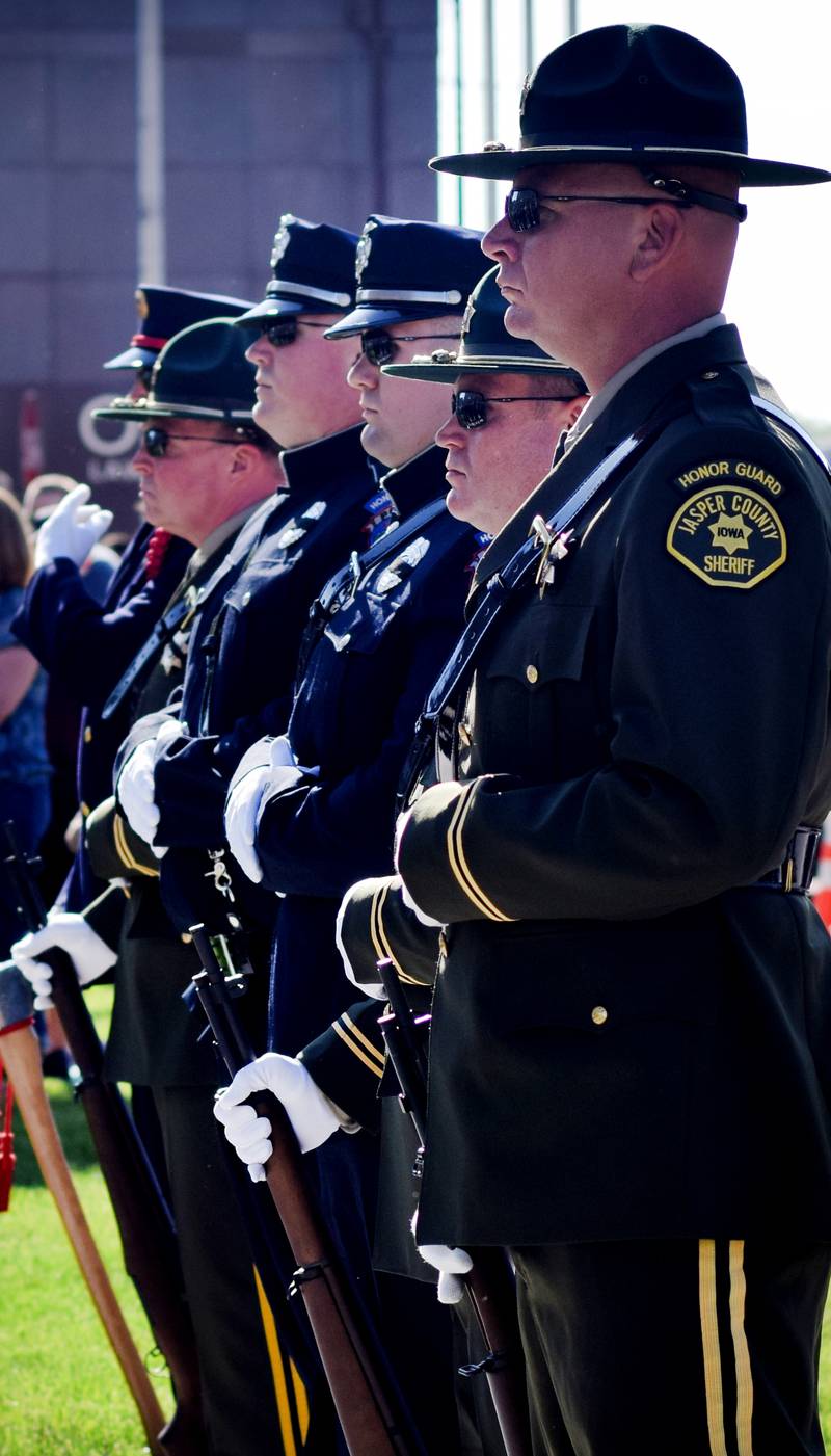 Local law enforcement host a ceremony for National Police Week on May 16 outside the Jasper County Courthouse. Officers, dispatchers and jailers participated in the ceremony, which honors the six local individuals who died on active duty or in the line of duty.