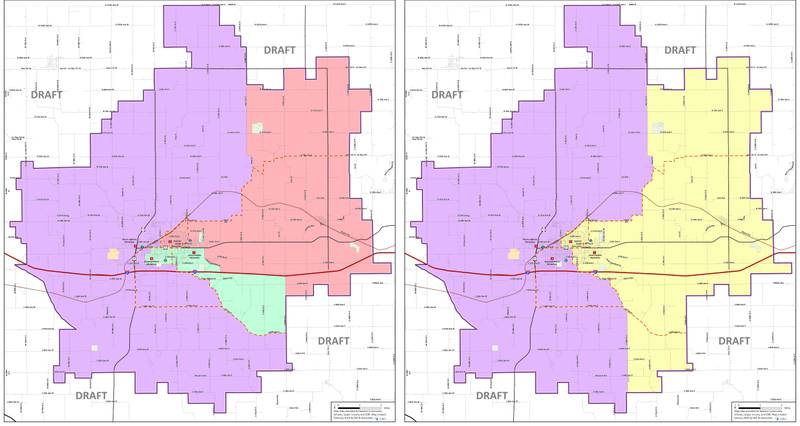 The transition boundary map, left, and final boundary map, right, were approved March 25 by the Newton Community School District Board of Education. Community input led to some adjustments being made to the transition boundary map but not the final boundary map. Maps were created by RSP & Associates.