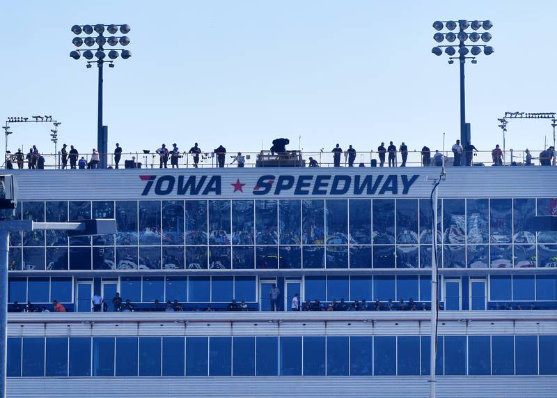 Spectators and media get a birds-eye view of the track an hour before the NASCAR Cup Series Iowa Corn 350 race begins on June 16 at the Iowa Speedway in Newton.