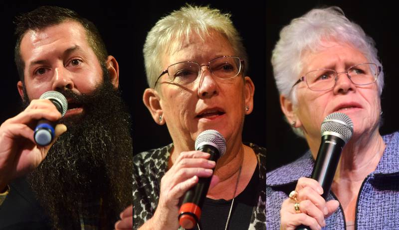 From left: Jasper County supervisors candidates Brandon Talsma, Bev Price and Pam Olson speak during a joint forum organized by the Democratic and Republican party chairpersons on Oct. 15 at the Newton Community Theatre.