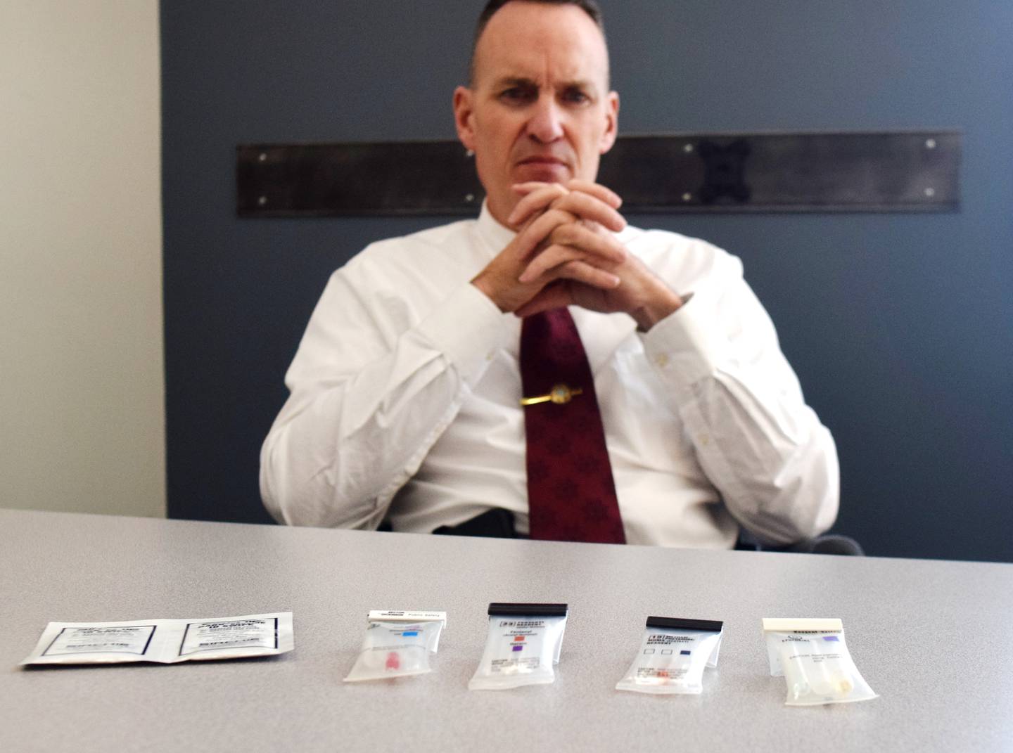Lt. Brad Shutts of the Jasper County Sheriff's Office inspects the field tests deputies currently use to identify controlled substances. But soon the sheriff's office will get its hands on a TruNarc analyzer, which will allow for much easier identifications of drugs.