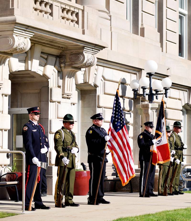 Local law enforcement host a ceremony for National Police Week on May 16 outside the Jasper County Courthouse. Officers, dispatchers and jailers participated in the ceremony, which honors the six local individuals who died on active duty or in the line of duty.