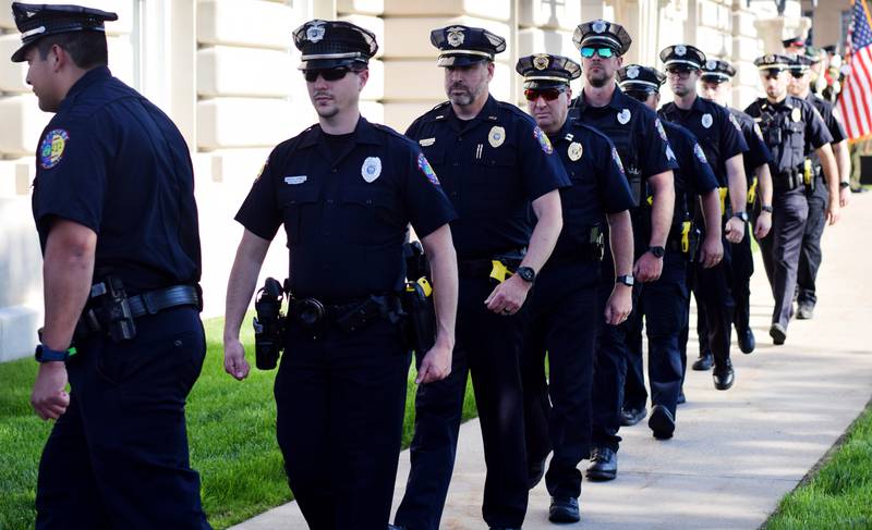 Local law enforcement host a ceremony for National Police Week on May 16 outside the Jasper County Courthouse. Officers, dispatchers and jailers participated in the ceremony, which honors the six local individuals who died on active duty or in the line of duty.