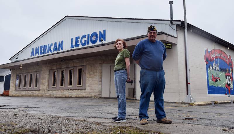 From left: Mady McKim and Jerry Nelson stand outside the American Legion Post 111 in Newton. McKim, the historian and social media manager, said a number of fundraisers will be held in the coming months to repair the post’s roof and parking lot. Nelson, the post commander, said the goal is to raise $60,000.