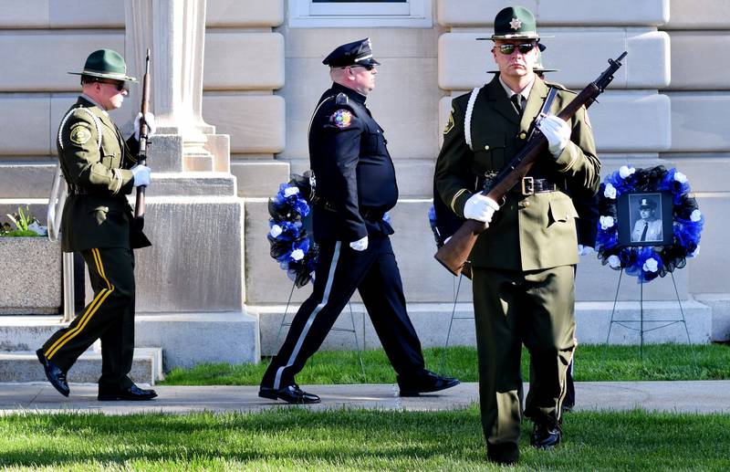 Local law enforcement host a ceremony for National Police Week on May 16 outside the Jasper County Courthouse. Officers, dispatchers and jailers participated in the ceremony, which honors the six local individuals who died on active duty or in the line of duty.